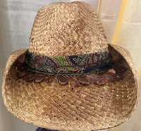 Image 1 of Tan Straw Cowboy Hat Rust Beads & Multi Colored Band