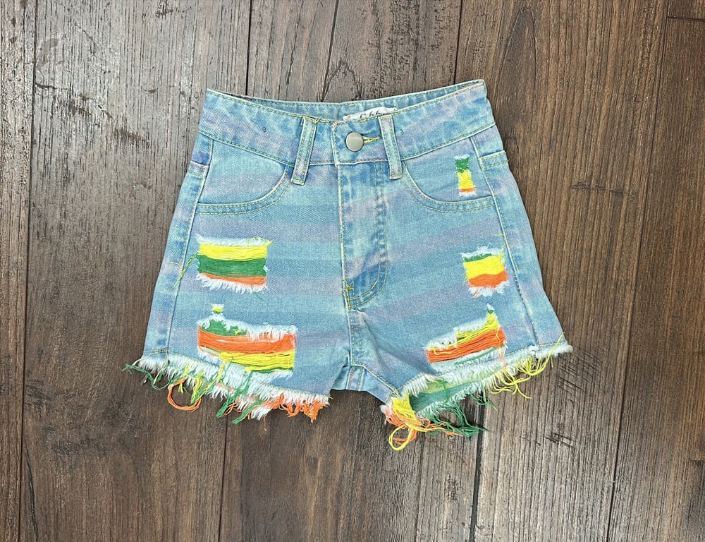 Image of Rainbow Distressed Denim Shorts