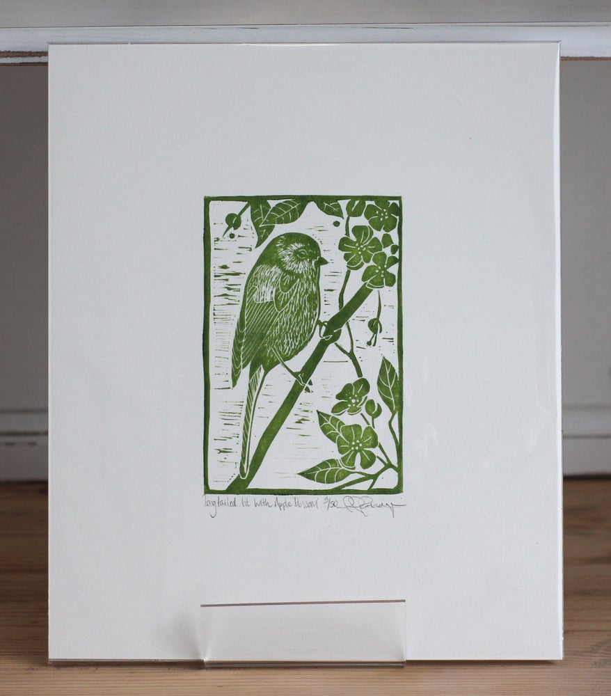 Image of Long tailed tit with apple blossom original limited edition linocut