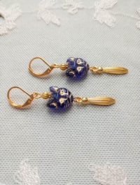 Image 6 of Egyptian Revival Cat Earrings, Blue & Antique Gold, Pierced or Clip On