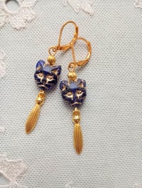 Image 5 of Egyptian Revival Cat Earrings, Blue & Antique Gold, Pierced or Clip On