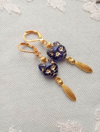 Image 3 of Egyptian Revival Cat Earrings, Blue & Antique Gold, Pierced or Clip On