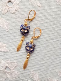 Image 1 of Egyptian Revival Cat Earrings, Blue & Antique Gold, Pierced or Clip On