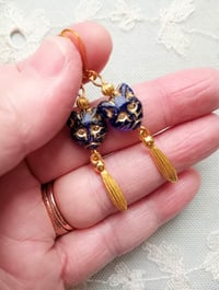 Image 2 of Egyptian Revival Cat Earrings, Blue & Antique Gold, Pierced or Clip On