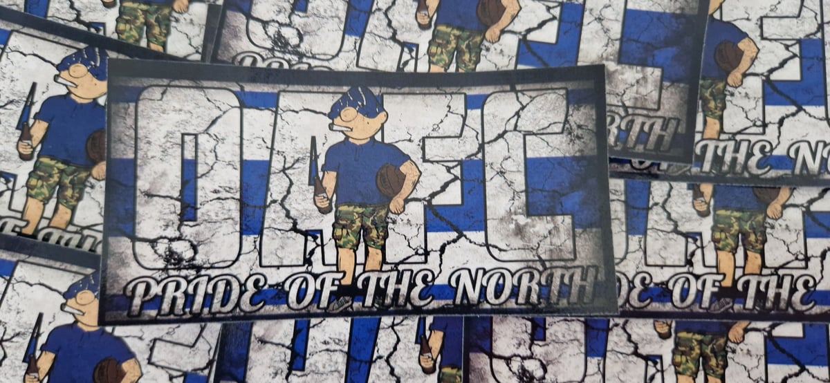 Pack of 25 10x5cm Oldham Pride of the North Football/Ultras Stickers.