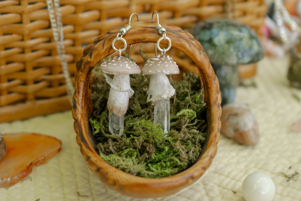 Image of Clear Quartz Royal Fly Agaric Mushroom Earrings