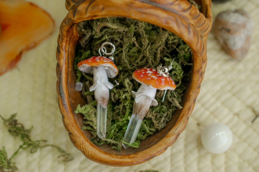 Image of Clear Quartz Crystal Fly Agaric Mushroom Earrings