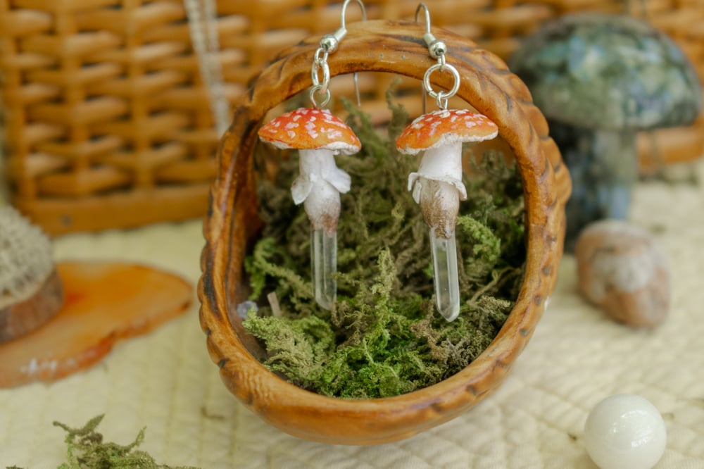 Image of Clear Quartz Crystal Fly Agaric Mushroom Earrings