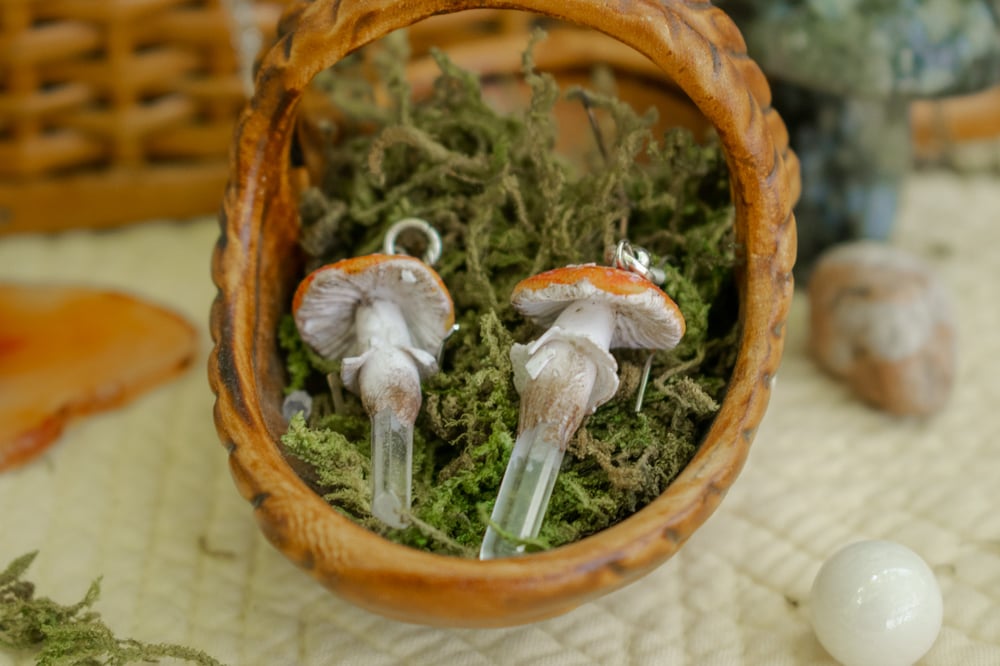 Image of Clear Quartz Crystal Fly Agaric Mushroom Earrings