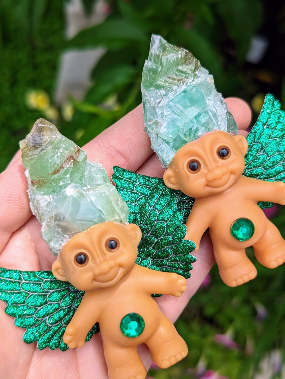 Green Calcite Shorty Crystal Troll with Glittery Wings