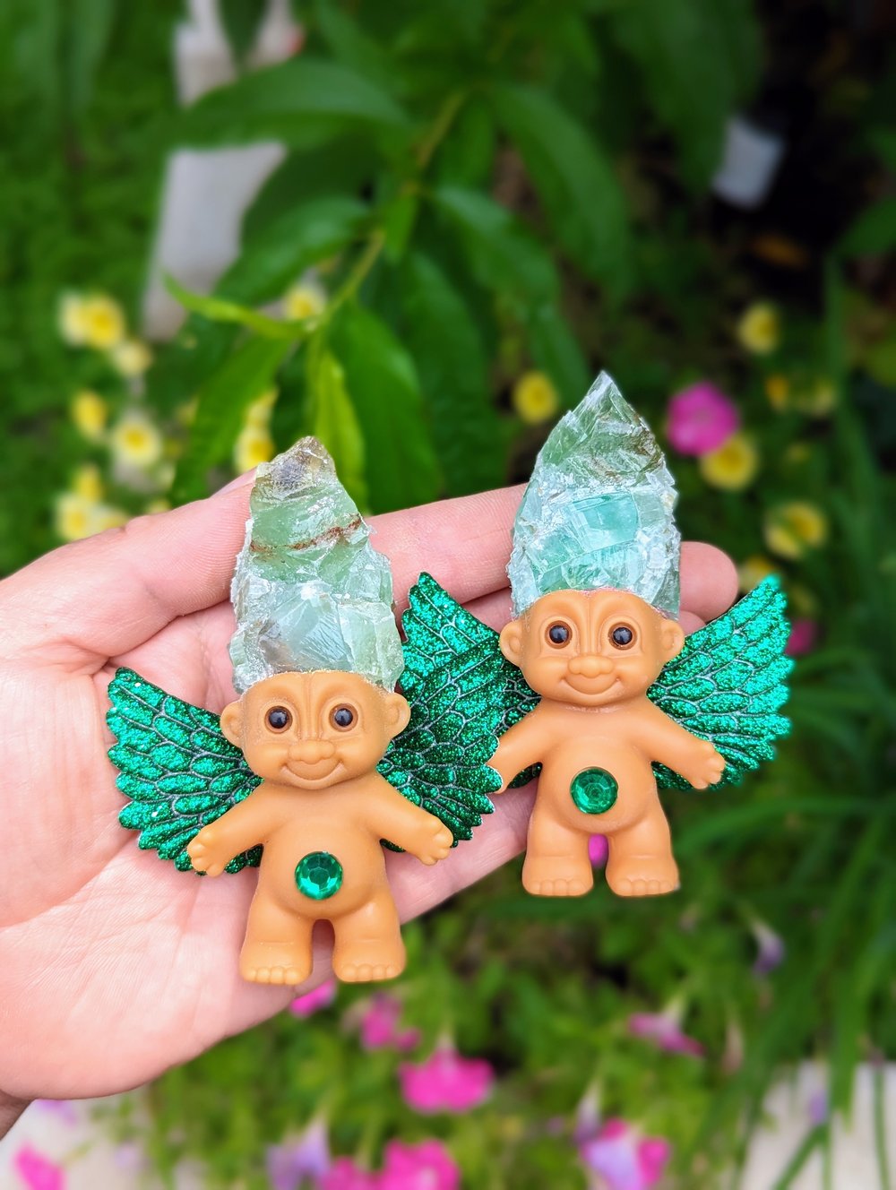 Green Calcite Shorty Crystal Troll with Glittery Wings