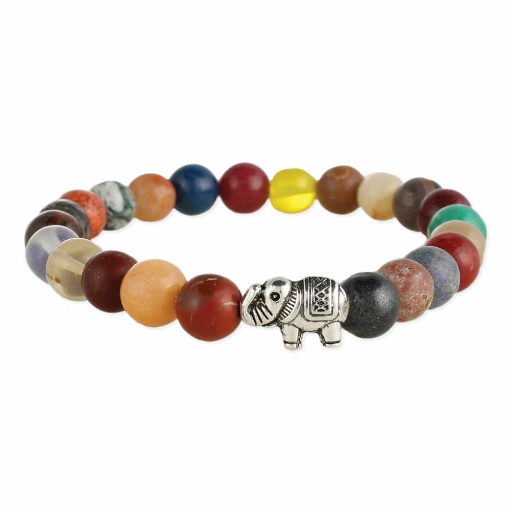 Image of Natural Stone & Elephant Charm Stretch Bracelet