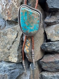 Image 2 of Large Kingman Turquoise Bolo Tie w/ Handmade Sterling Silver Tips