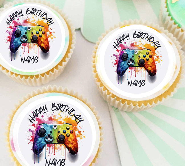 PERSONALISED Pre-cut Birthday GAMER Toppers / Cupcake Cookie Cake Edible Topper