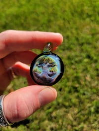 Image 1 of Bonsai tree pendant backed with galaxy and opal lime loop