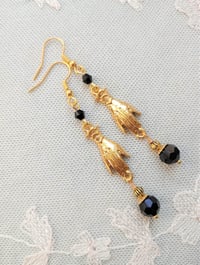 Image 5 of Victorian golden hand charm long earrings handmade with black faceted glass beads