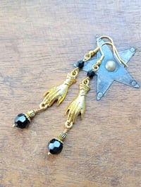 Image 4 of Victorian golden hand charm long earrings handmade with black faceted glass beads