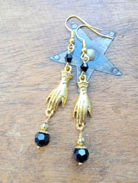 Image 2 of Victorian golden hand charm long earrings handmade with black faceted glass beads