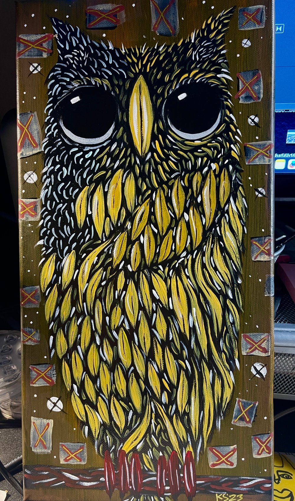 Kevin Seconds ORIGINAL 7x14 acrylic on canvas, "Debra's Banana Feathers' 