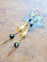 Image 4 of Victorian golden hand charm long earrings handmade with black faceted glass beads & brass drops