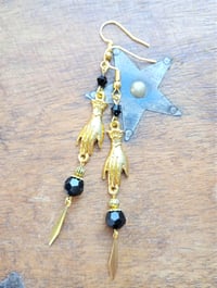 Image 2 of Victorian golden hand charm long earrings handmade with black faceted glass beads & brass drops