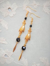 Image 6 of Victorian golden hand charm long earrings handmade with black faceted glass beads & brass drops