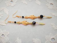 Image 3 of Victorian golden hand charm long earrings handmade with black faceted glass beads & brass drops