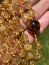 Gold Rutile 108 Bead Gemstone Mala with Cacoxenite in Amethyst Guru Bead, Gold Rutilated Quartz Mala
