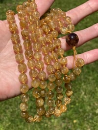Image 4 of Gold Rutile 108 Bead Gemstone Mala with Cacoxenite in Amethyst Guru Bead, Gold Rutilated Quartz Mala