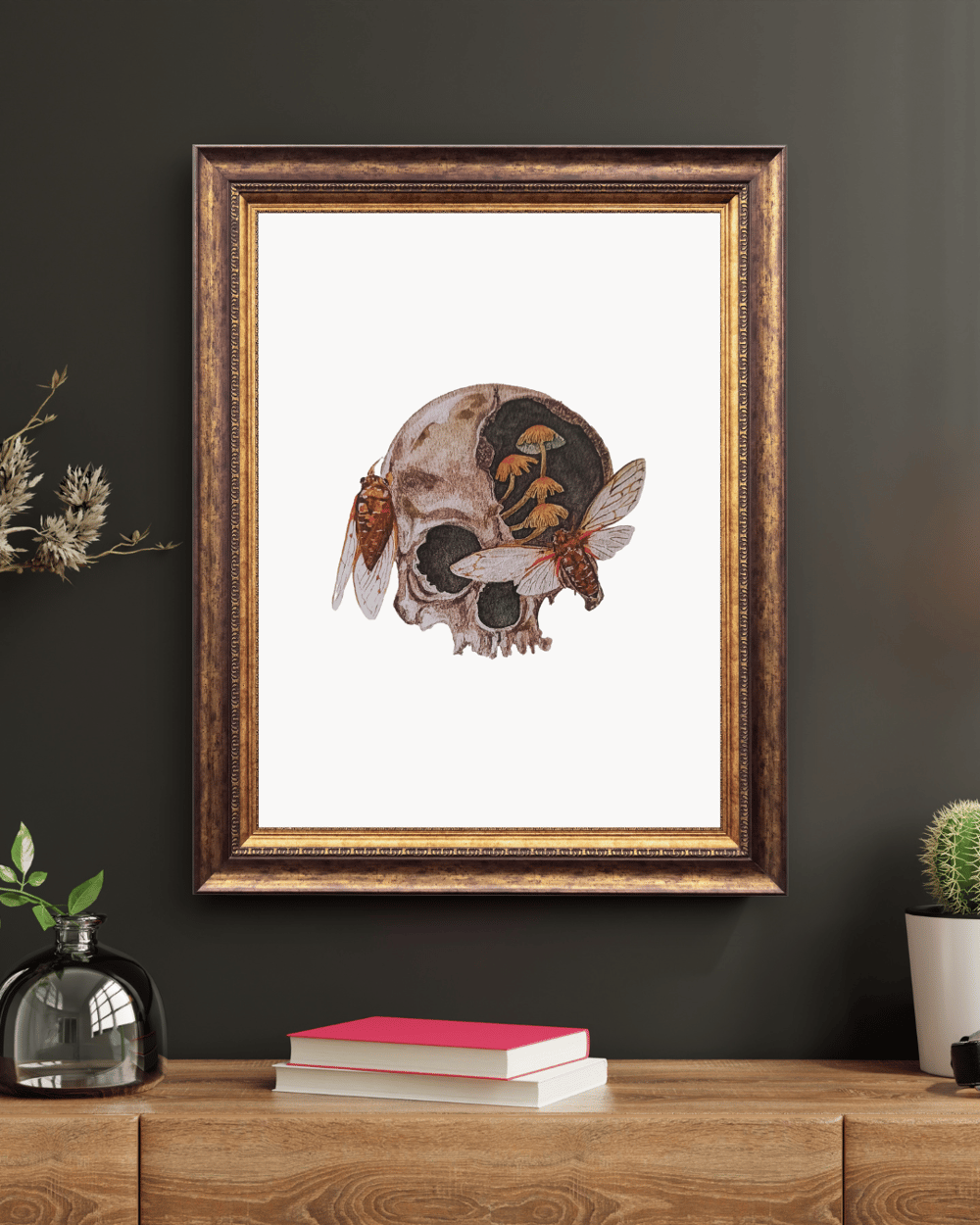 Image of Skull-Cicadas Watercolor Illustration PRINT 