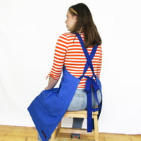 Image 3 of Split Leg Pleated Pinafore Apron with Adjustable Cross Back Straps. Cobalt. No25