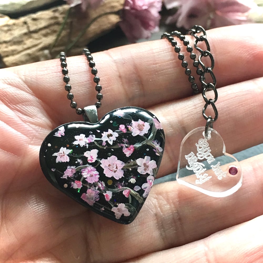 Cherry Blossom Black Resin Mini Heart Pendant