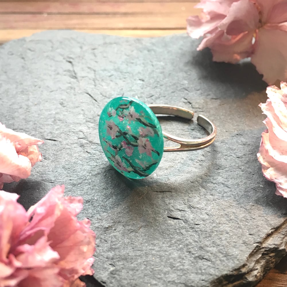Cherry Blossom Turquoise Abstract Resin Ring