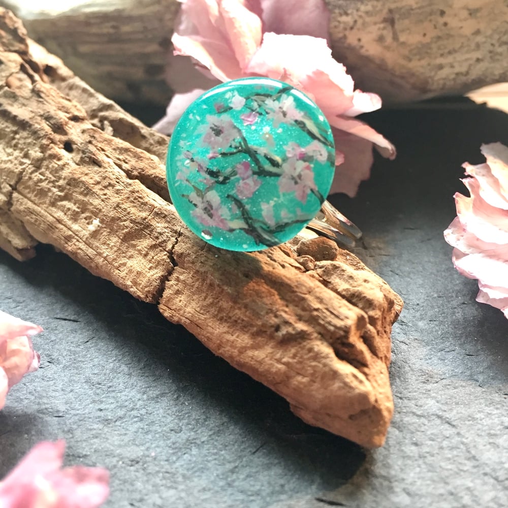 Cherry Blossom Turquoise Abstract Resin Ring
