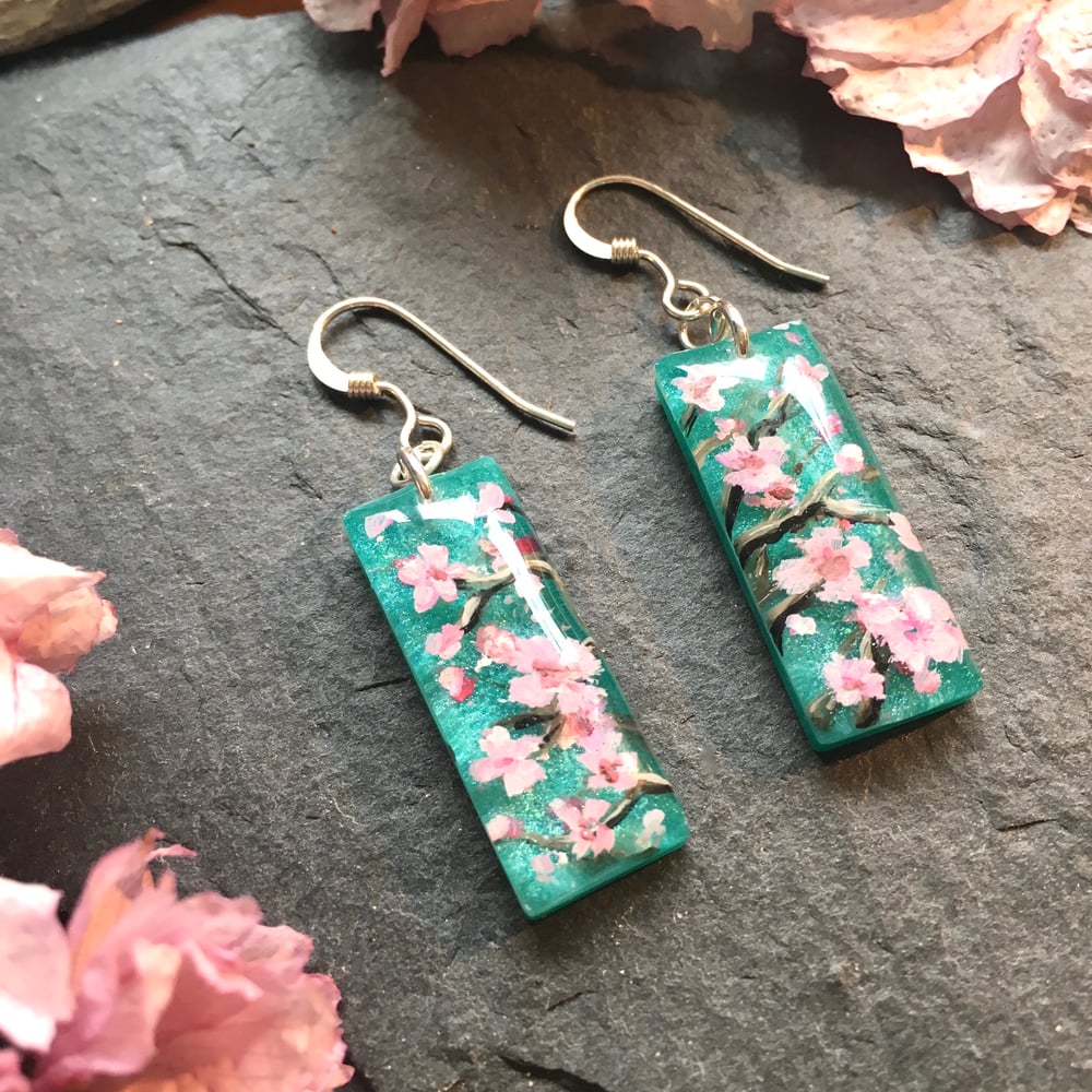 Cherry Blossom Turquoise Abstract Drop Resin Earrings
