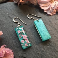 Image 3 of Cherry Blossom Turquoise Abstract Drop Resin Earrings