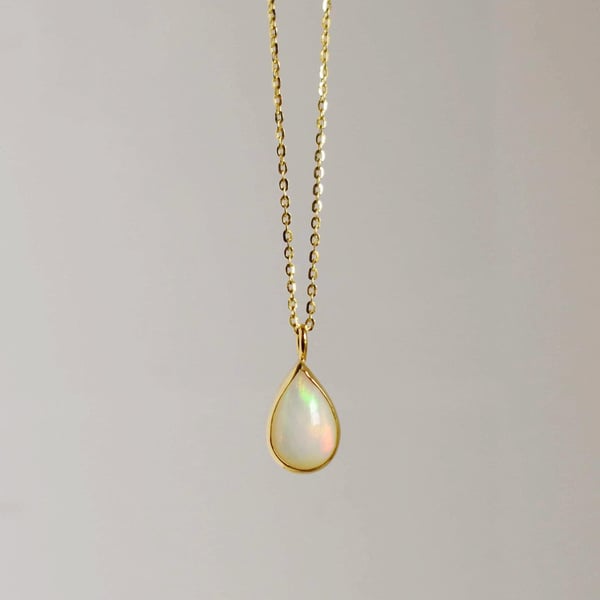 Image of Fire Opal cabochon pear shape 14k gold necklace no.1