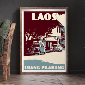 Image of Vintage poster Laos - Luang Prabang - Old citroen cars - Fine Art Print