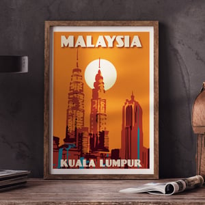 Image of Vintage poster Malaysia - Kuala Lumpur - Petronas Towers - Orange - Fine Art Print