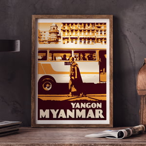 Image of Vintage Poster Myanmar Yangon - Monk walking - Fine Art Print