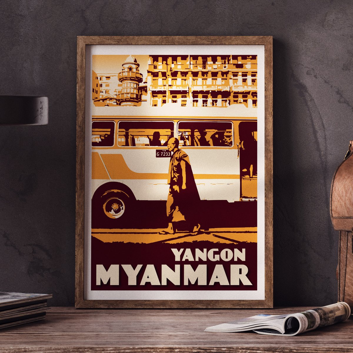 Image of Vintage Poster Myanmar Yangon - Monk walking - Fine Art Print