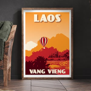 Image of Vintage poster Laos - Vang Vieng - Air balloon - Orange - Fine Art Print