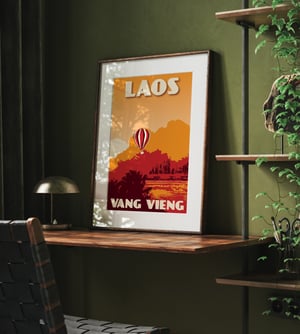 Image of Vintage poster Laos - Vang Vieng - Air balloon - Orange - Fine Art Print