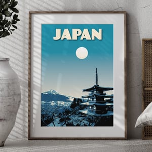 Image of Japan Print | Vintage poster Japan Mt. Fuji | Pagoda Chureito | Travel Poster | Gift | Night blue