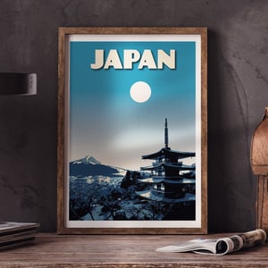 Image of Japan Print | Vintage poster Japan Mt. Fuji | Pagoda Chureito | Travel Poster | Gift | Night blue