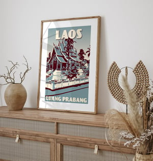Image of Vintage poster Laos - Luang Prabang - Wat Haw Phra Bang Blue - Fine Art Print 