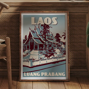 Image of Vintage poster Laos - Luang Prabang - Wat Haw Phra Bang Blue - Fine Art Print 