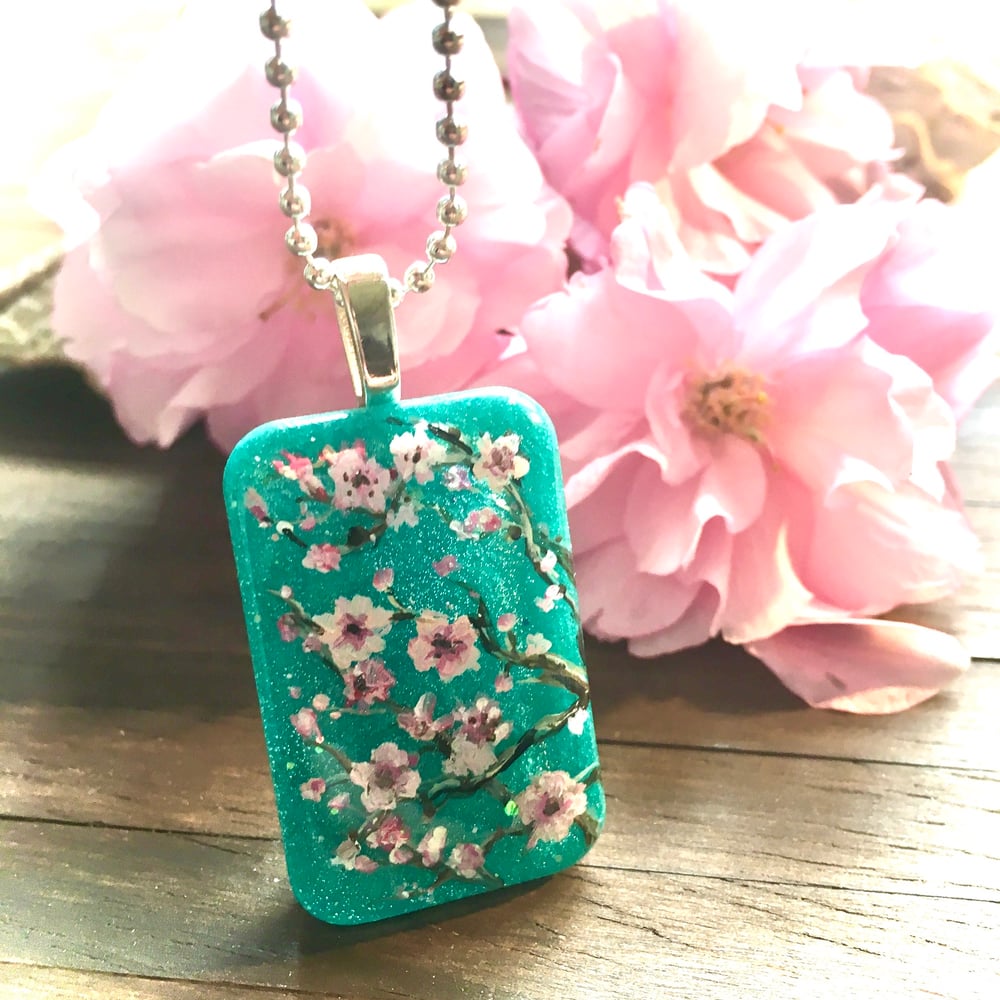 Cherry Blossom Turquoise Resin Jewellery Collection - Pendant, Earrings & Ring Set