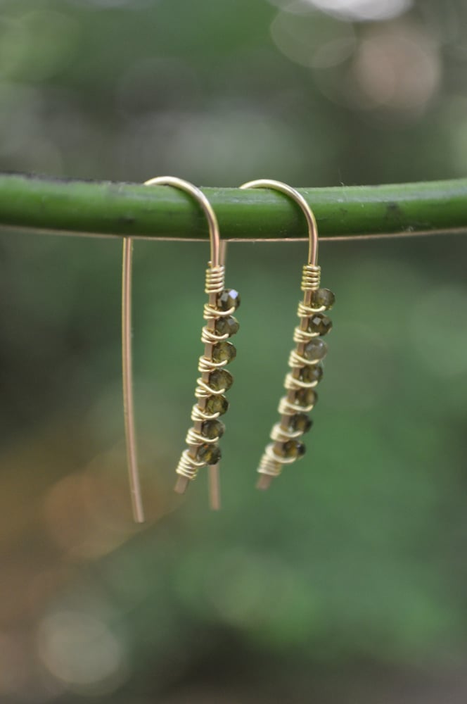 Image of Olive Green Cats Eye Arc Dangles on Gold Fill