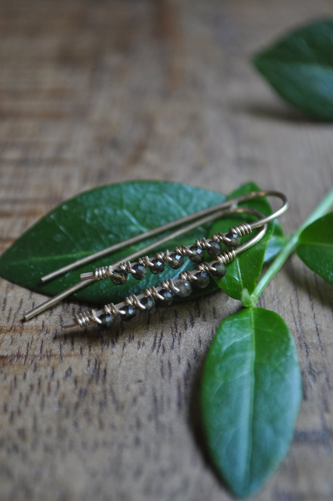 Image of Olive Green Cats Eye Arc Dangles on Gold Fill